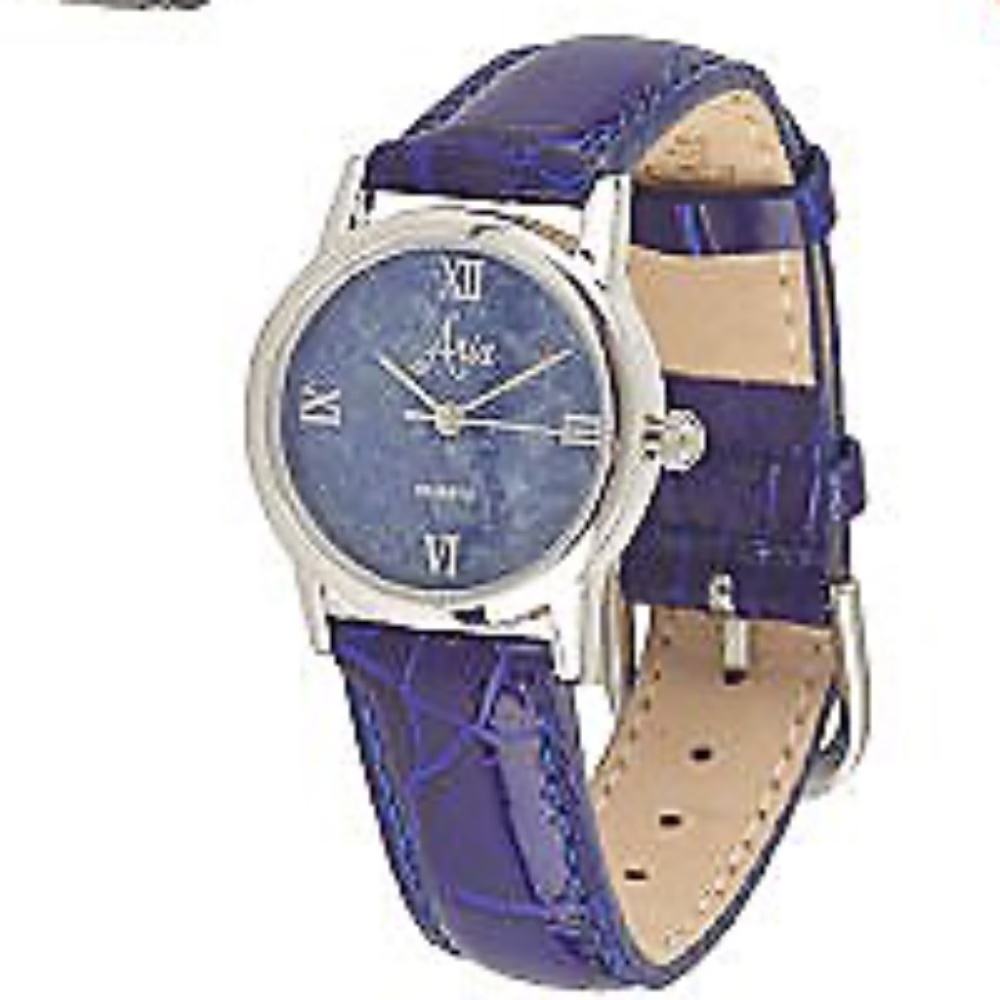 QVC Aria Sterling Silver Gemstone Dial Leather Strap Watch  0041